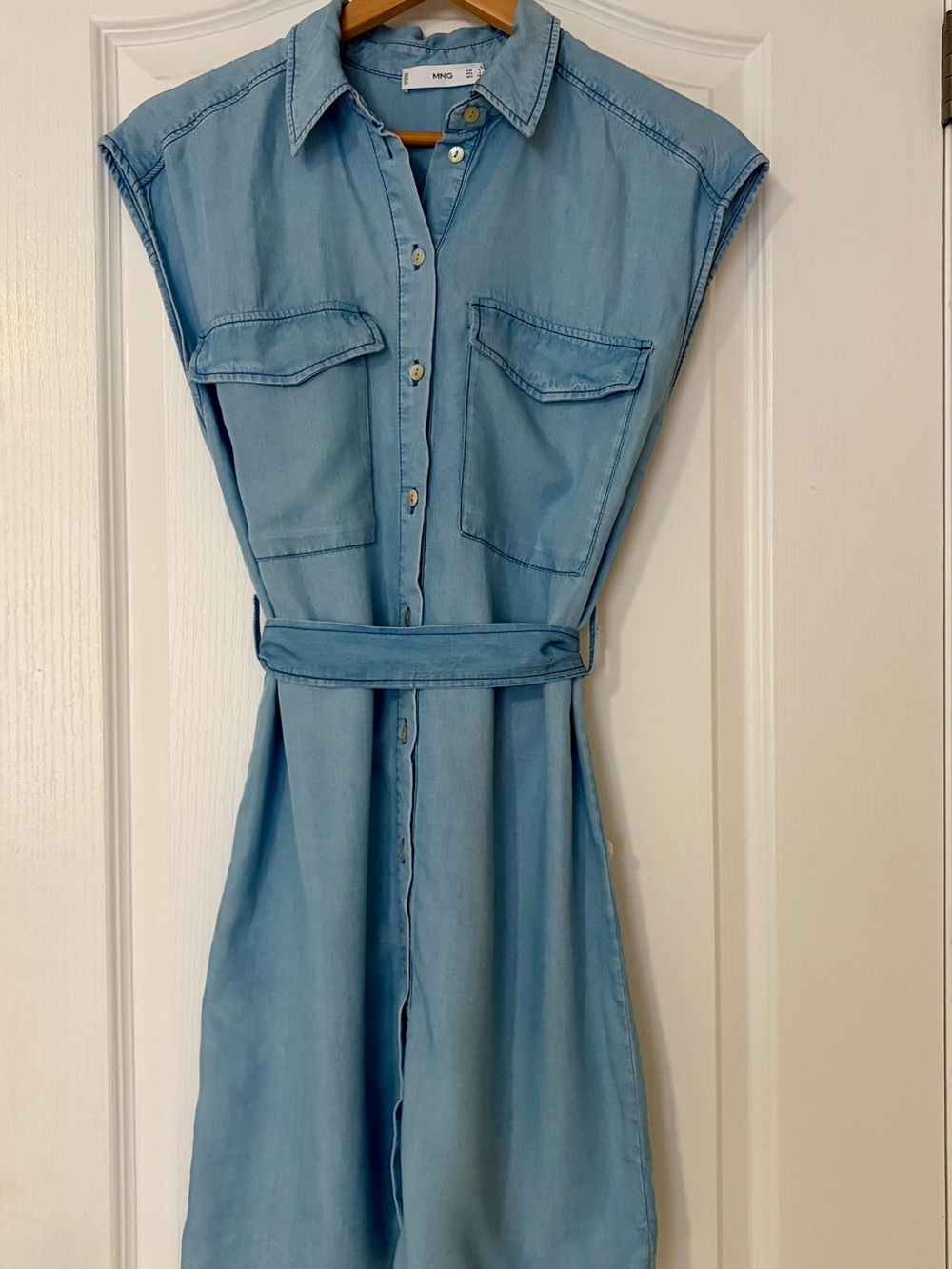 Mango Light Denim-Blue Sleeveless Midi Dress with Belt